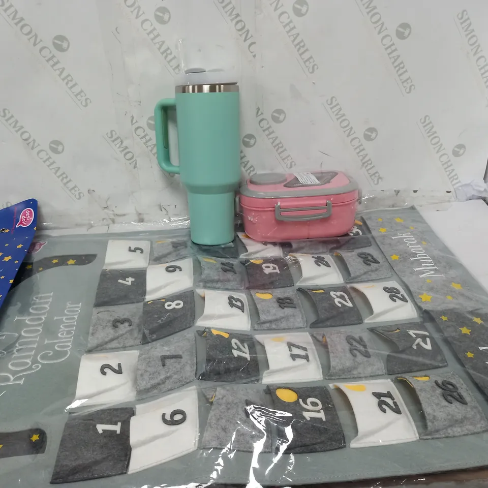 APPROXIMATELY 20 ASSORTED HOUSEHOLD ITEMS TO INCLUDE MY RAMADAN CALENDAR, TUMBLER BOTTLE, PINK LUNCHBOX, ETC