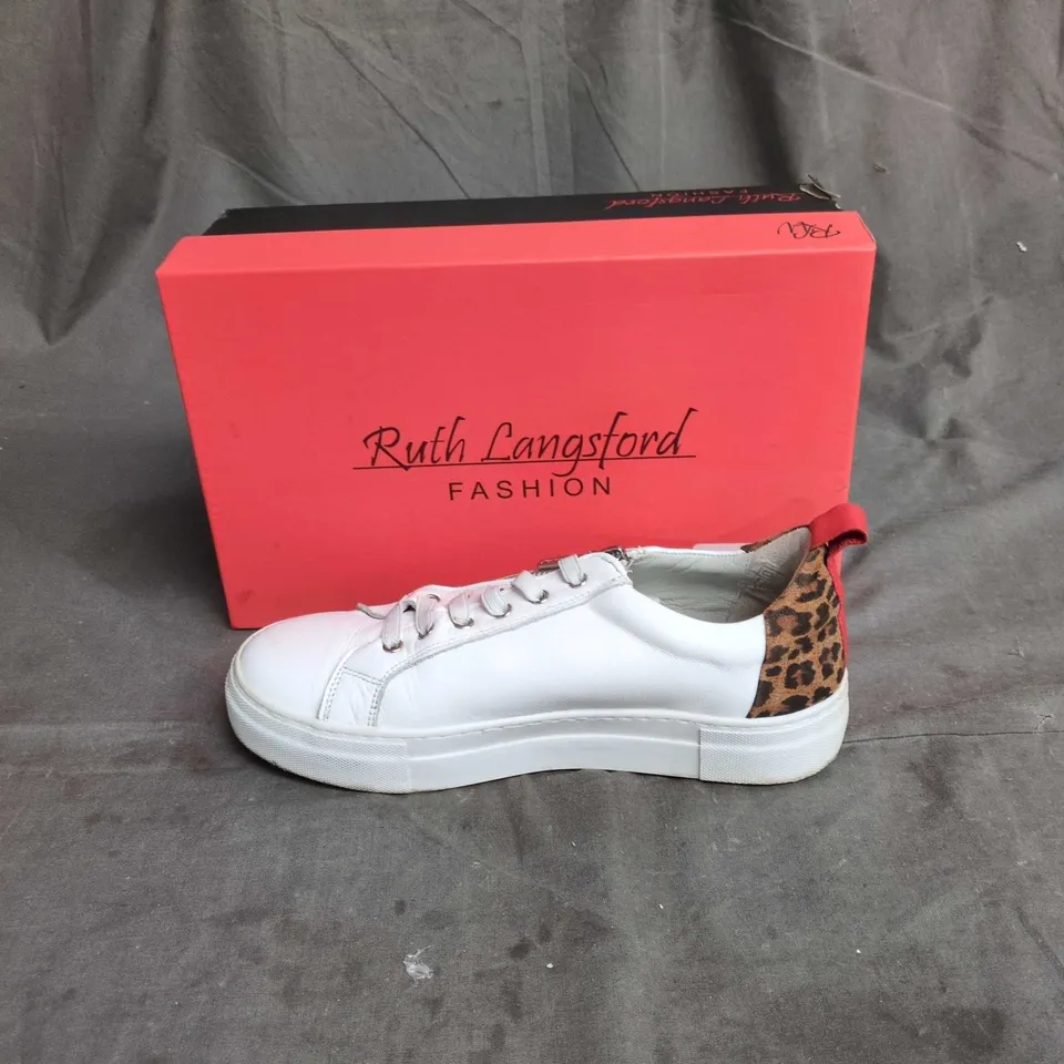 RUTH LANGSFORD FASHION WHITE LEATHER TRAINERS WITH LEOPARD HEEL – UK 5 (EU 38)