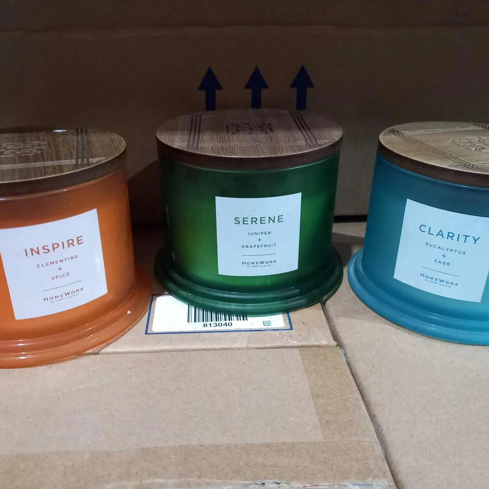 BRAND NEW BOXED HOME WORX BY HARRY SLATKIN SET OF 3 CANDLES TO INCLUDE; INSPIRE, SERENE AD CLARITY