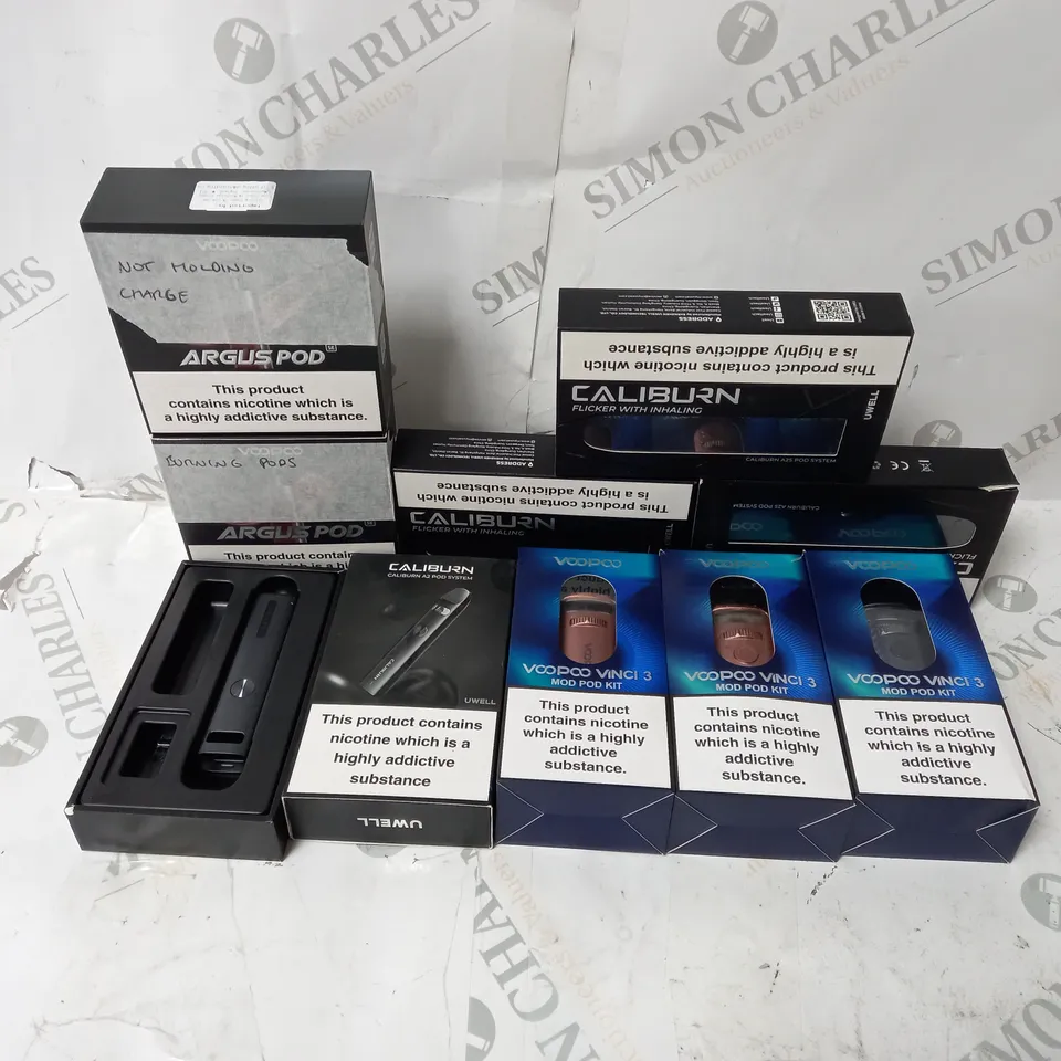 BOX OF APPROXIMATELY 10 ASSORTED E-CIG PRODUCTS TO INCLUDE VOOPOO VINCI 3, VOOPOO ARGUS POD, UWELL CALIBURN A2S POD SYSTEM