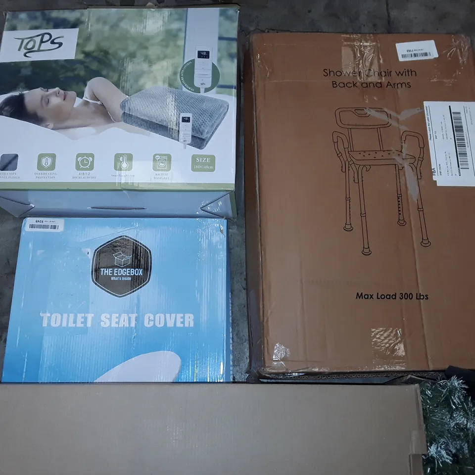 LARGE QUANTITY OF ASSORTED HOUSEHOLD ITEMS TO INCLUDE ELECTRIC FIREPLACE, SHOWER CHAIR, ELECTRIC BLANKET AND TOILET SEAT COVER
