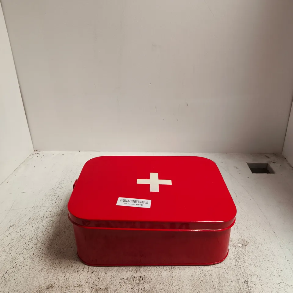 RED METAL FIRST AID STORAGE TIN WITH WHITE CROSS DESIGN