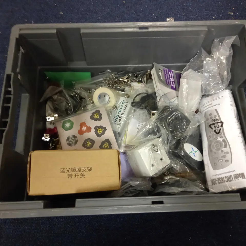 LOT OF ASSORTED HOUSEHOLD GOODS TO INCLUDE SKY TV REMOTE, MARKSMAN TAPE, AND CARDS ETC.