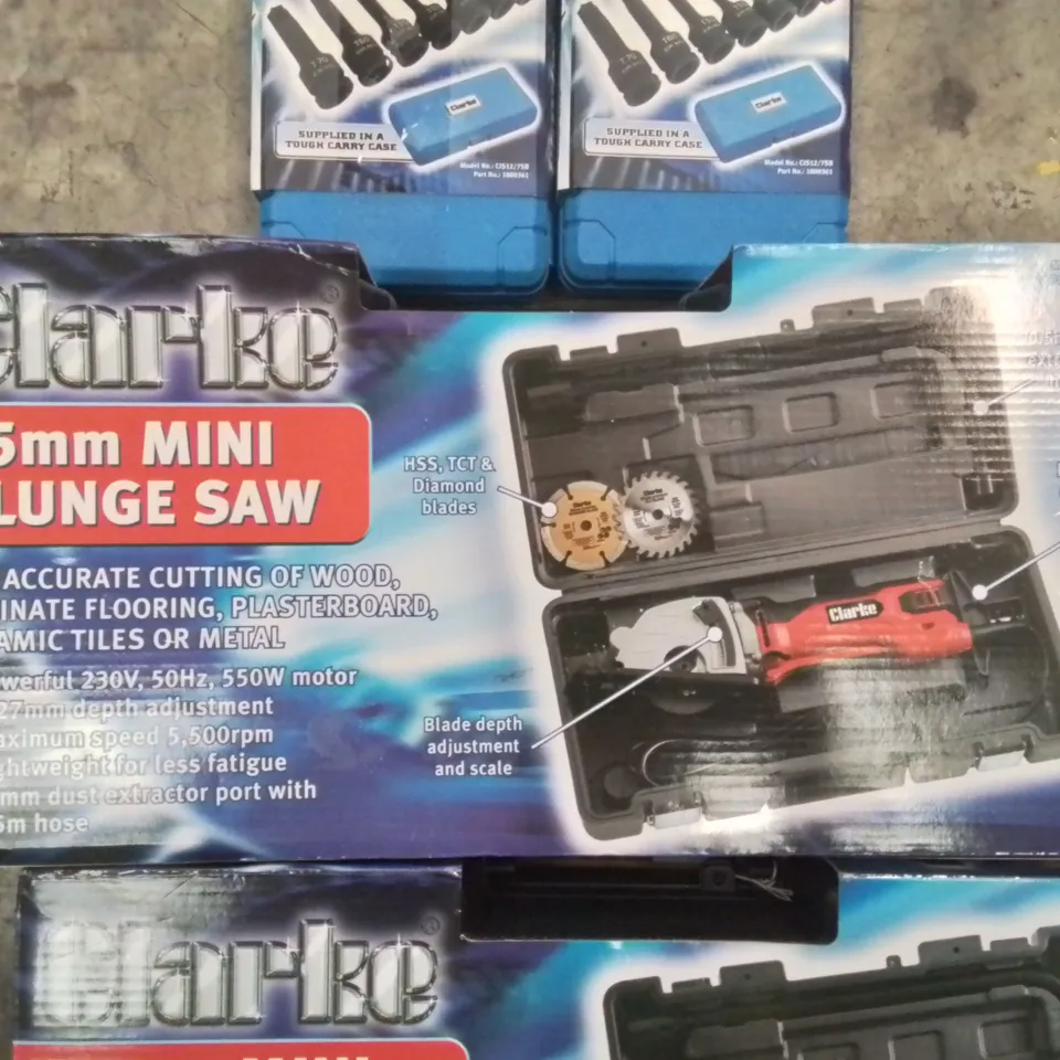 MIXED BOX OF TOOLS AND MACHINERY EQUIPMENT TO INCLUDE: X3 85MM MINI PLUNGE SAWS AND X2 TORX/STAR IMPACT BIT SET