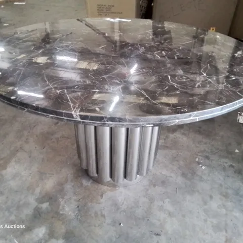 DESIGNER CIRCULAR BLACK MARBLE PEDESTAL DINING TABLE ON CHROME SUPPORT