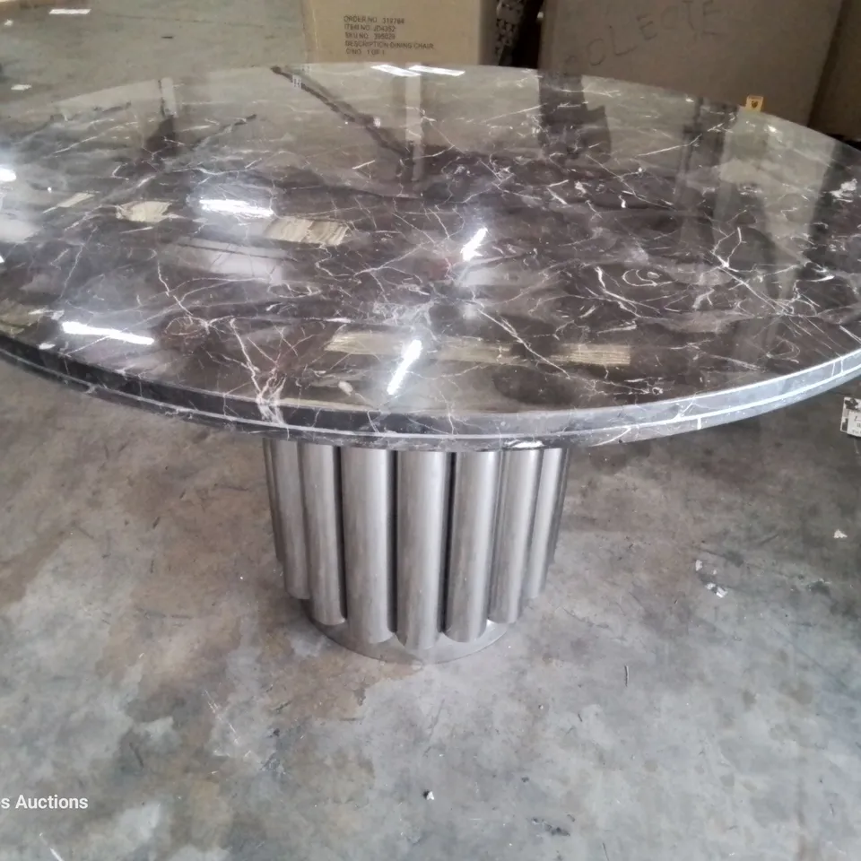 DESIGNER CIRCULAR BLACK MARBLE PEDESTAL DINING TABLE ON CHROME SUPPORT