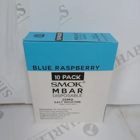 BOX OF APPROXIMATELY 10 BOXES OF BLUE RASPBERRY 10 PACK SMOK M BAR DISPOSABLE 20MG SALT NICOTINE