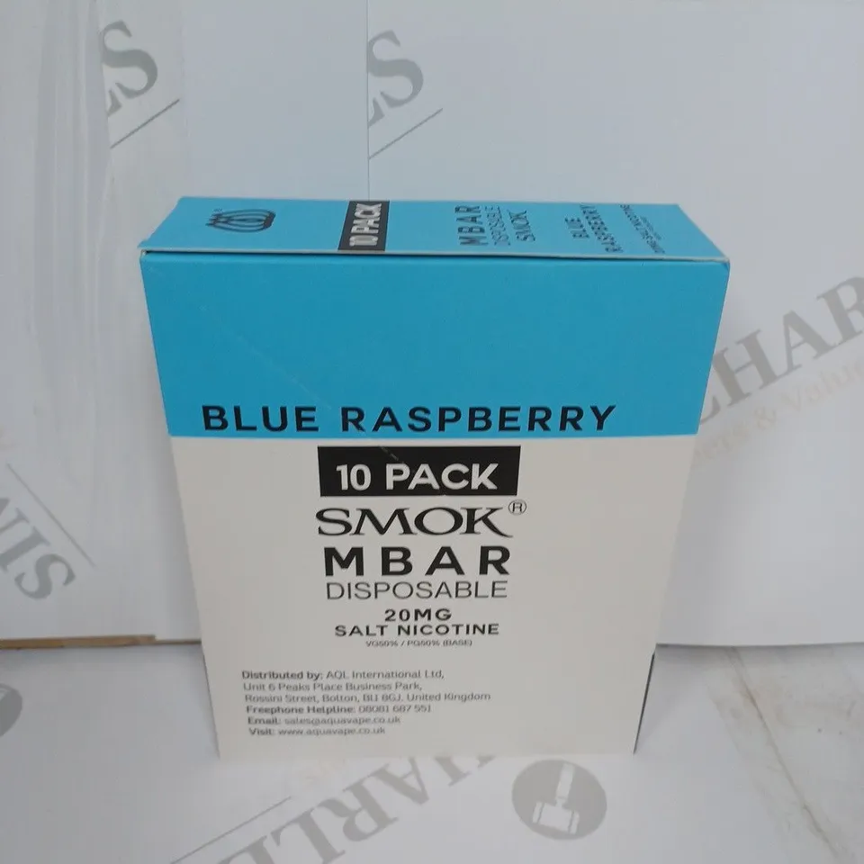 BOX OF APPROXIMATELY 10 BOXES OF BLUE RASPBERRY 10 PACK SMOK M BAR DISPOSABLE 20MG SALT NICOTINE