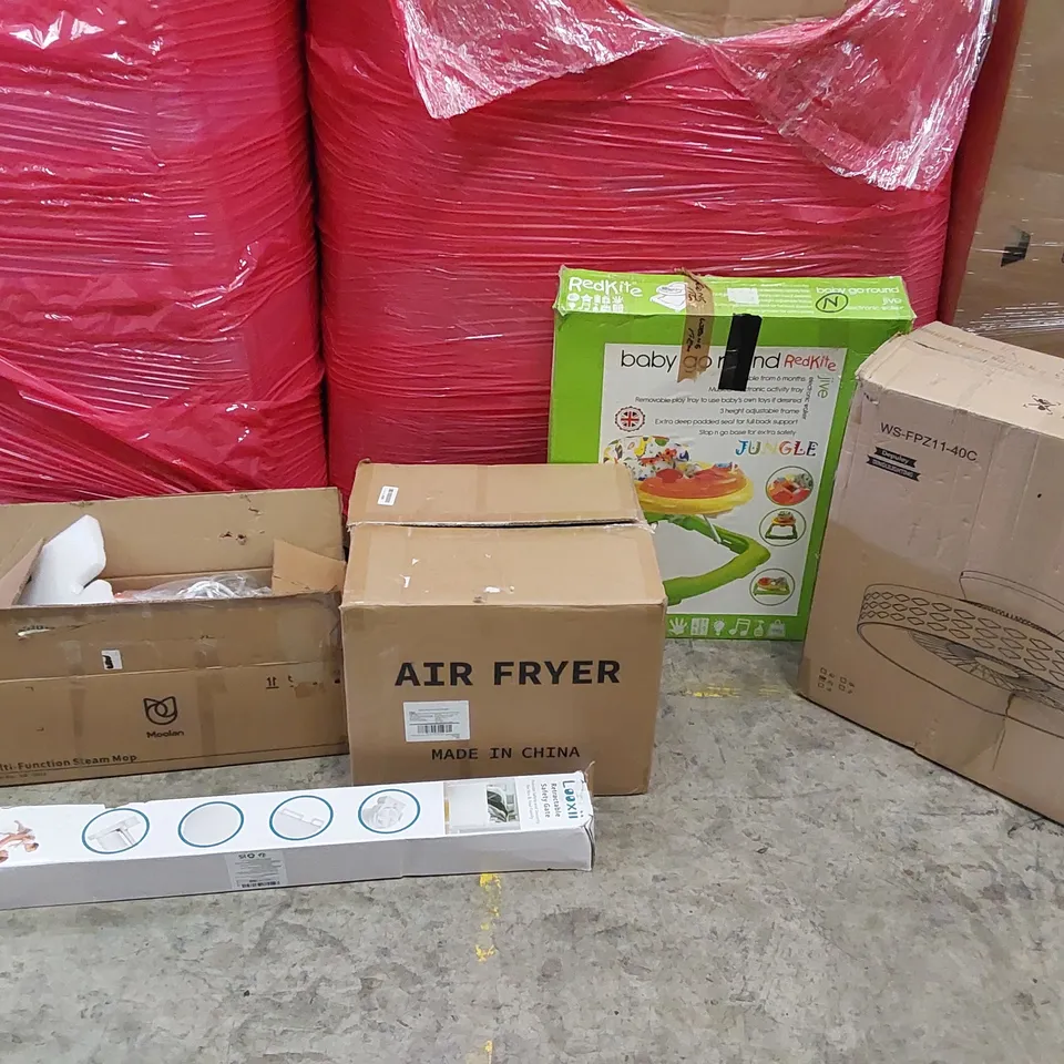 PALLET OF ASSORTED ITEMS INCLUDING: AIR FRYER, FAN LIGHT, BABY CHAIR, RETRACTABLE SAFETY GATE 