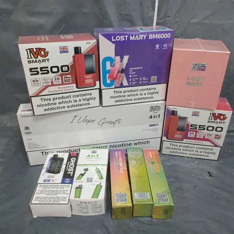 APPROXIMATELY 15 ASSORTED VAPES TO INCLUDE IVG SMART 5500, IVG AIR 4-IN-1, LOST MARY DISPOSABLE POD 