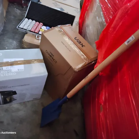 PALLET OF ASSORTED ITEMS TO INCLUDE, QUANTITY OF SPADES, CROW BARS, VAX COMPACT CARPET CLEANER, OT/COLD WATER FILTER, SET GAMBLING CHIPS IN CASE, CHRISTMAS DECORATIONS.
