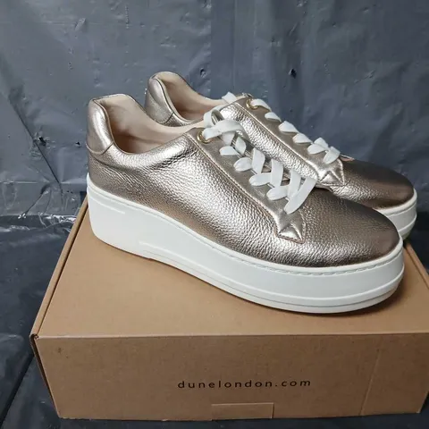 BOXED PAIR OF DUNE LONDON FLATFORM LACE UP SPORTS SHOES IN LEATHER GOLD COLOUR - SIZE 7