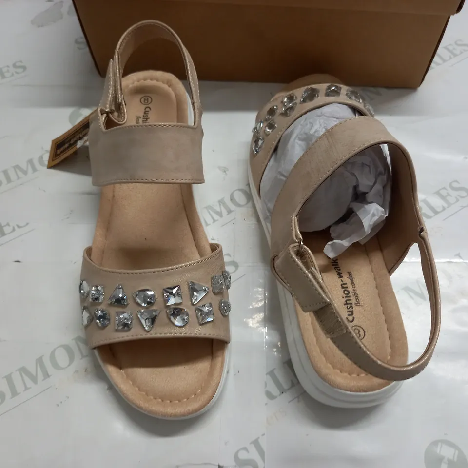 BOXED PAIR OF CUSHION WALK EMBELLISHED STRAPPY SANDALS IN GOLD - SIZE 8