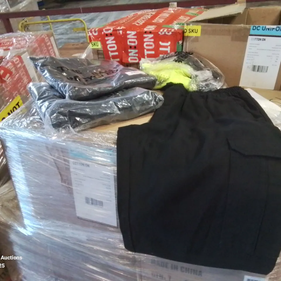 PALLET CONTAINING LARGE QUANTITY OF NEW CLOTHES HATS SOCKS ETC.