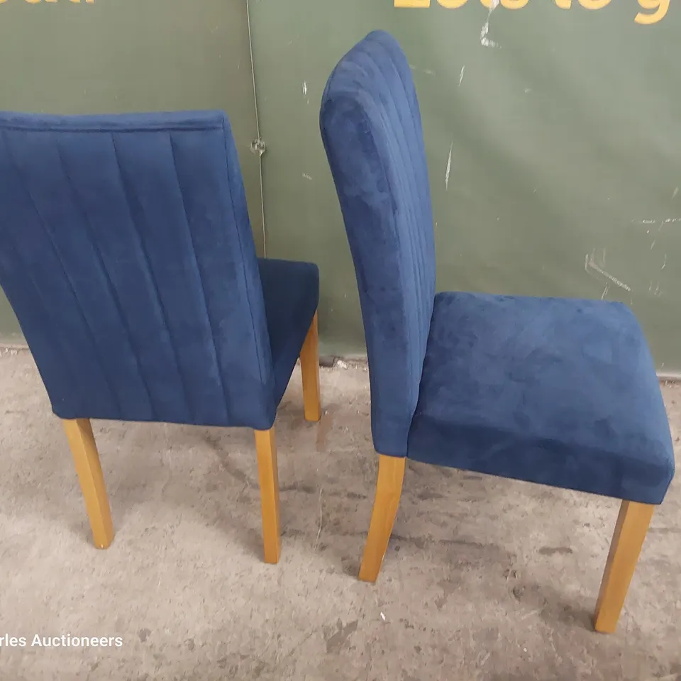 PAIR OF UPHOLSTERED DINING CHAIRS BLUE PLUSH FABRIC ON NATURAL LEGS 
