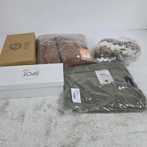 APPROXIMATELY 12 ASSORTED CLOTHING & FOOTWEAR ITEMS IN VARIOUS COLOURS, SIZES, AND STYLES TO INCLUDE BRANDS SUCH AS ANAMOR, SPOT ON, REGATTA, ETC