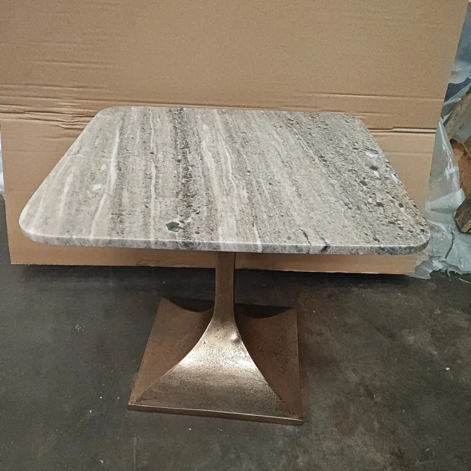 MARBLE EFFECT SQUARE SIDE TABLE ON GOLD TONE ANGULAR BASE