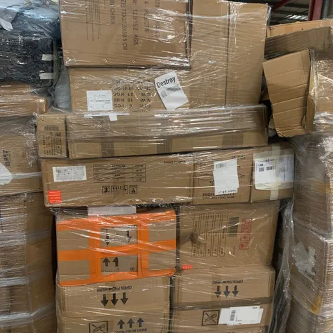 PALLET OF ASSORTED ITEMS TO INCLUDE BOXED FURNITURE, STAINLESS STEEL COOKWARE ETC