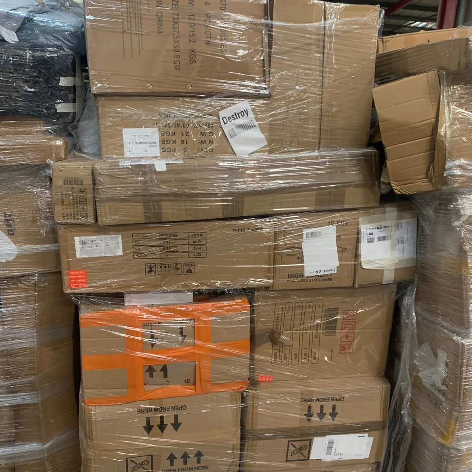 PALLET OF ASSORTED ITEMS TO INCLUDE BOXED FURNITURE, STAINLESS STEEL COOKWARE ETC