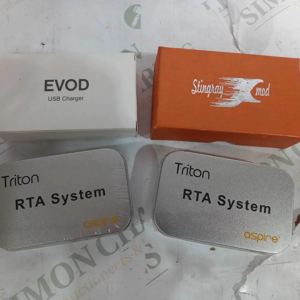 BOX OF APPROX 10 ITEMS INCLUDING TRITON RTA SYSTEM, EVOD USB CHARGER, BEYANG CVS COIL