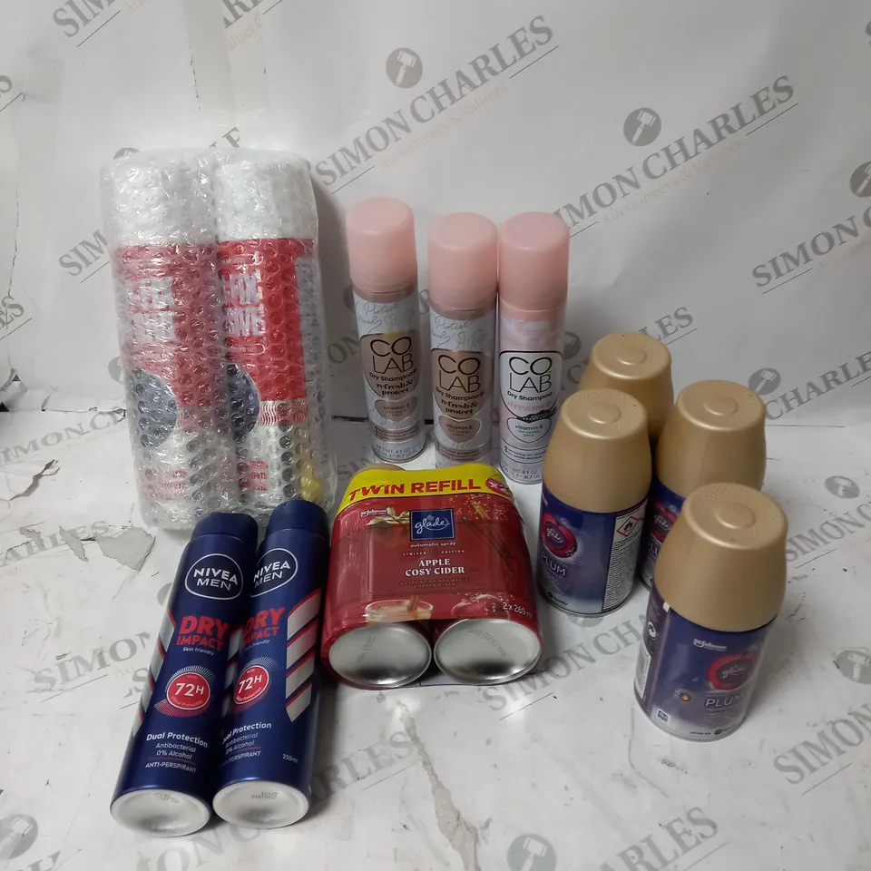 APPROXIMATELY 10 HOUSEHOLD ITEMS INCLUDING GLADE AUTOMATIC PLUM SPRAY AND DRY SHAMPOO