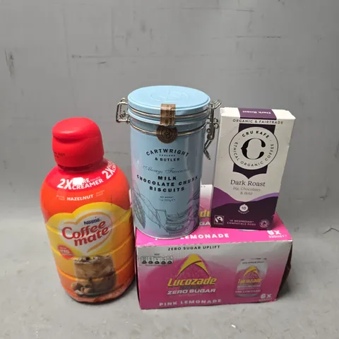 APPROXIMATELY 8 ASSORTED FOOD & DRINK ITEMS TO INCLUDE - NESTLE COFFEE MATE , LUCOZADE PINK LEMONADE ETC