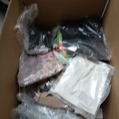 BOX OF APPROXIMATELY 25 ASSORTED CLOTHING ITEMS IN VARIOUS STYLES , COLOURS AND SIZES 