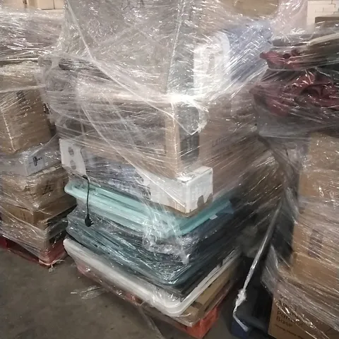 PALLET OF ASSORTED HOUSEHOLD GOODS AND PRODUCTS TO INCLUDE; SOFT PLAYPEN, TOWER FAN, FOLDING CHAIRS, SUITCASES, WHEELBARROW, HOOVERS ETC