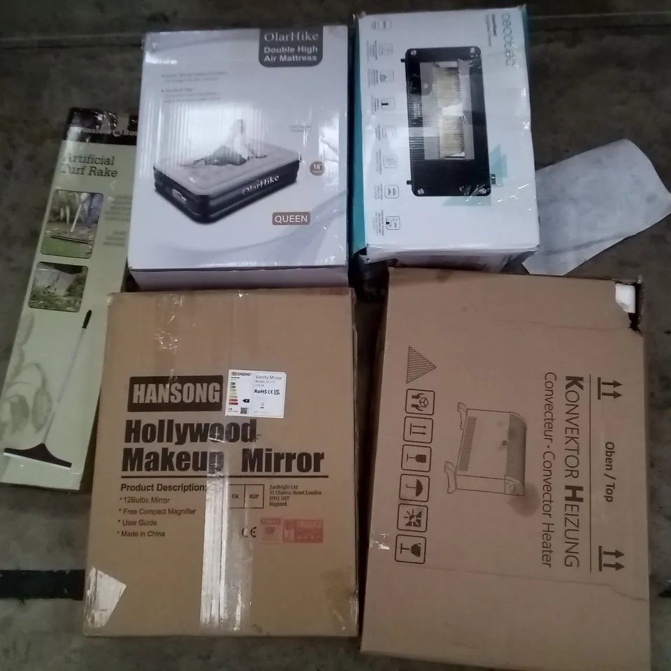 PALLET OF ASSORTED ITEMS INCLUDING HANSONG HOLLYWOOD MAKEUP MIRROR, ARTIFICIAL TURF RAKE, OLARHIKE DOUBLE HIGH AIR MATTRESS, CECOTEC TOASTER OVEN, CONVECTOR HEATER 