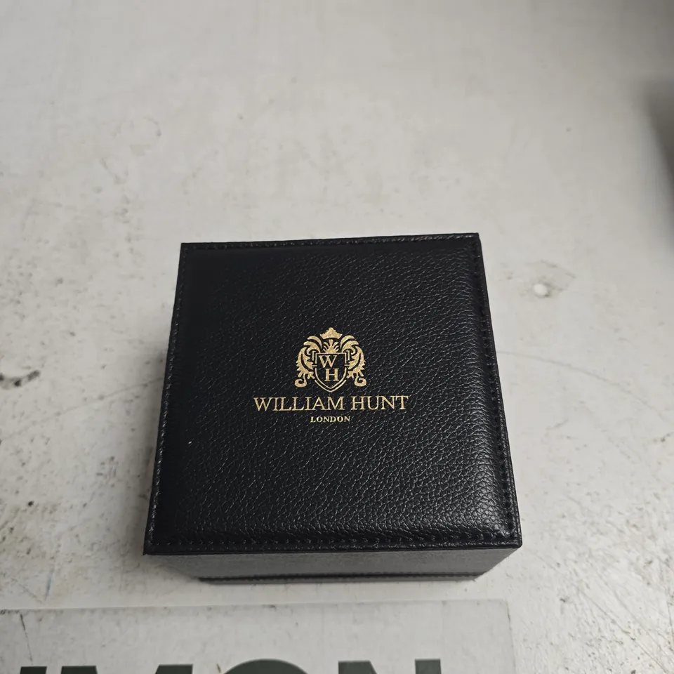 WILLIAM HUNT LONDON WATCH - GOLD-TONE SQUARE CASE, BLACK STRAP (IN BOX)