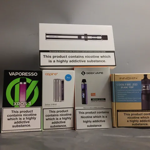 BOX OF APPROXIMATELY 20 E-CIGARETTES TO INCLUDE GEEK VAPE, VAPORESSO, ASPIRE ETC