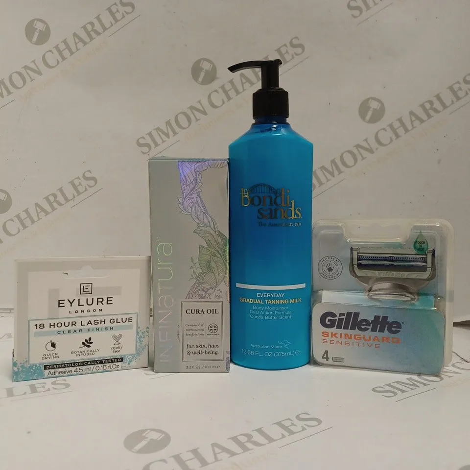 BOX OF APPROX 20 ASSORTED BEAUTY PRODUCTS TO INCLUDE EYLURE 18 HOUR LASH GLUE, BONDI SANDS TANNING MILK, GILLETTE SKINGUARD SENSITIVE, ETC. 