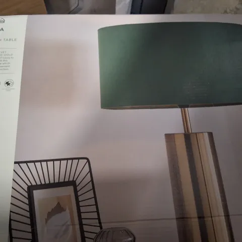 BOXED DUNELM NESA TOUCH TABLE LAMP – GREEN VELVET-EFFECT SHADE WITH GOLD BASE