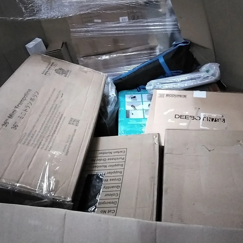 PALLET OF ASSORTED ITEMS INCLUDING COMPRESSOR DEHUMIDIFIER, 36" MINI TRAMPOLINE, TRAMPOLINE WITH HANDLEBARS, ECOVACS ROBOTICS DEEBOT ROBOT VACUUM, REEHUT MAT