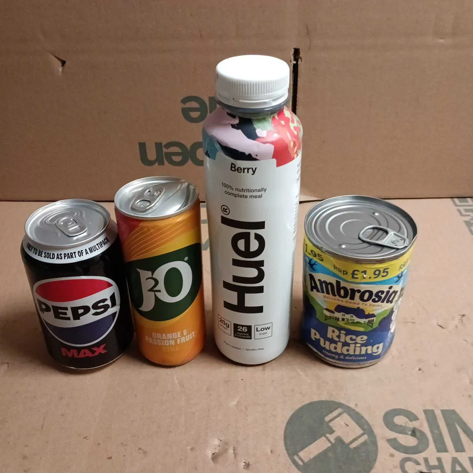 APPROXIMATELY 10 ASSORTED FOOD/DRINK PRODUCTS TO INCLUDE HUEL DRINK, RICE PUDDING, PEPSI MAX ETC 