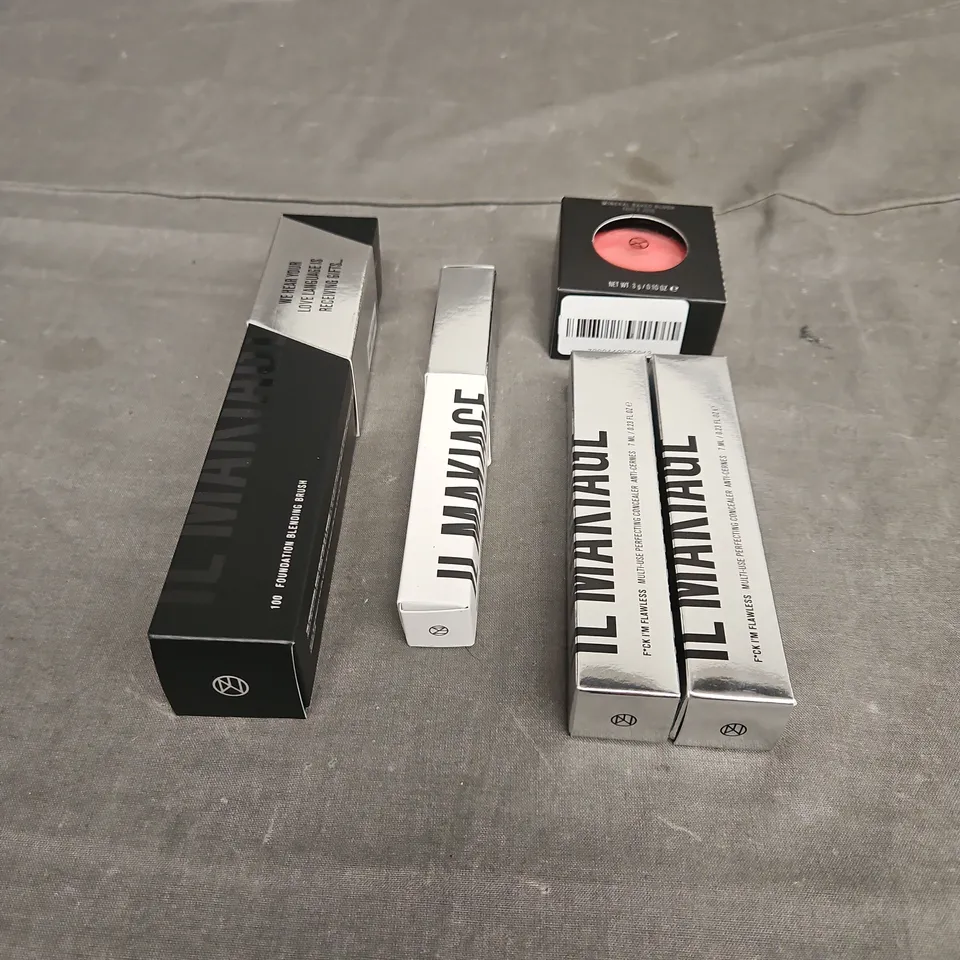 IL MAKIAGE LOT OF 5 ASSORTED COSMETIC PRODUCTS TO INCLUDE - MINERAL BAKED BLUSH - FOUNDATION BLENDING BRUSH - MULTI-USE PERFECTING CONCEALER - ETC