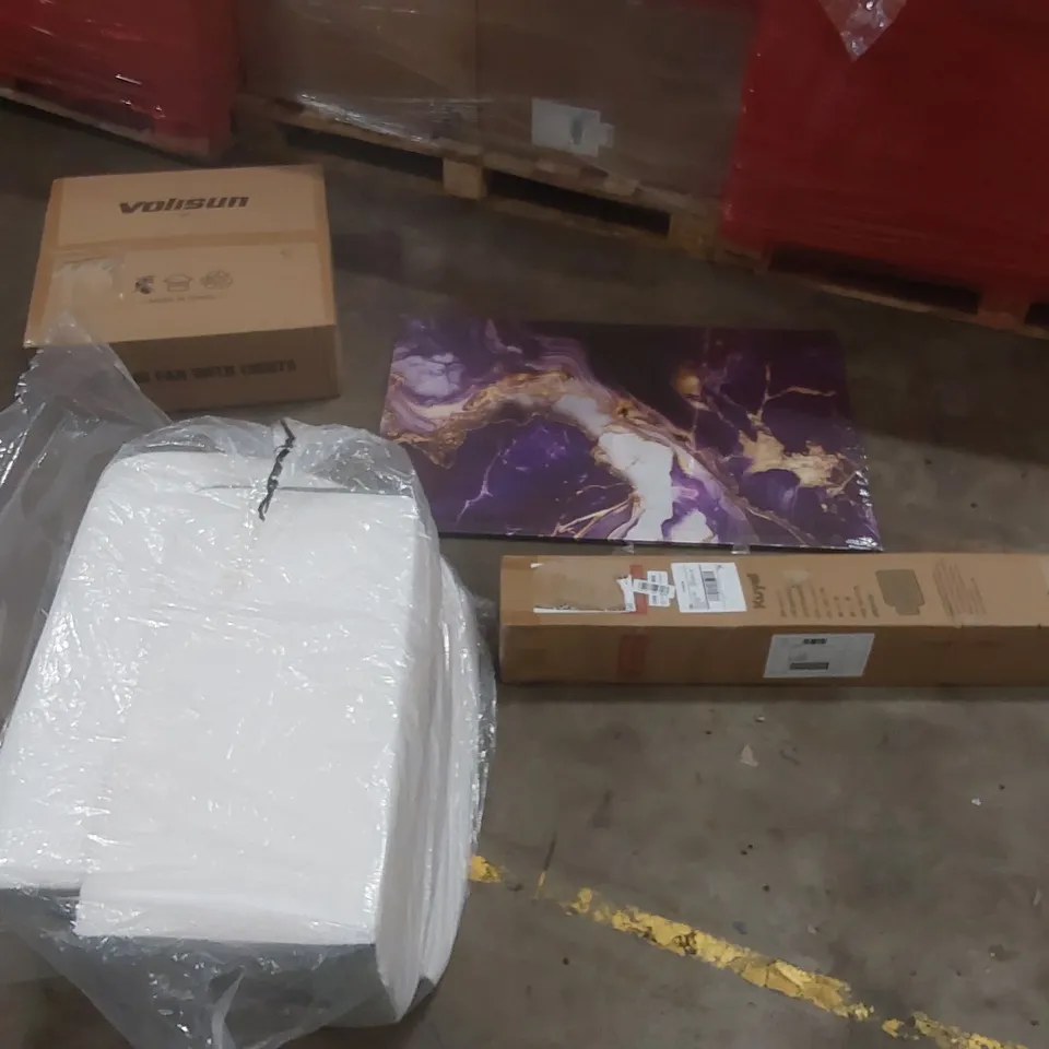 PALLET OF ASSORTED ITEMS INCLUDING: CEILING FAN, ART, CHAIR MAT, WEDGE PILLOW ECT