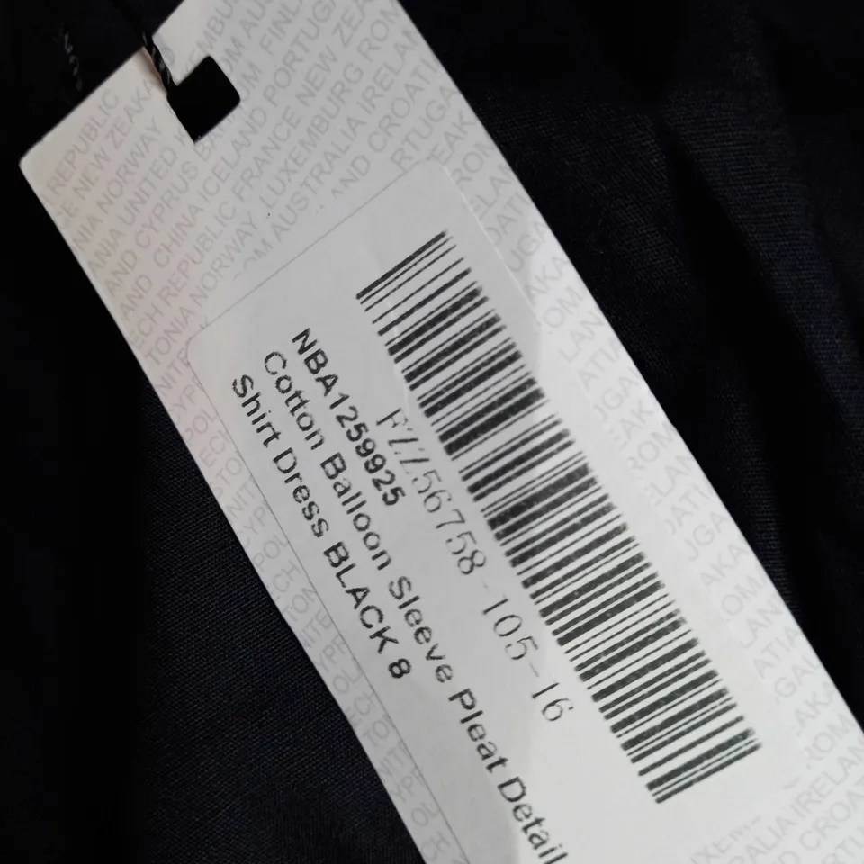 BOOHOO BLACK CONTTON BALLOON SLEEVE PLEAT DETAIL SHIRT DRESS - SIZE 8