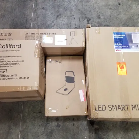 PALLET OF ASSORTED PRODUCTS INCLUDING LED SMART MIRROR, ARTISTIC TV TRIPOD STAND, BED RAIL, PROFESSIONAL HAIR DRYER