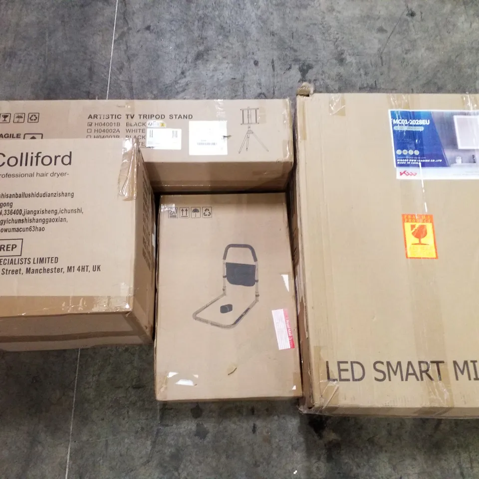 PALLET OF ASSORTED PRODUCTS INCLUDING LED SMART MIRROR, ARTISTIC TV TRIPOD STAND, BED RAIL, PROFESSIONAL HAIR DRYER