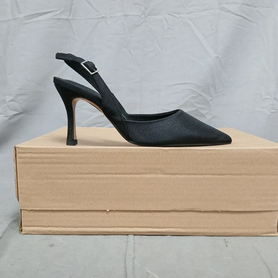 BOXED PAIR OF ASOS DESIGN SAMBER 2 SLINGBACK STILETTO HEELS IN BLACK SIZE UK 4