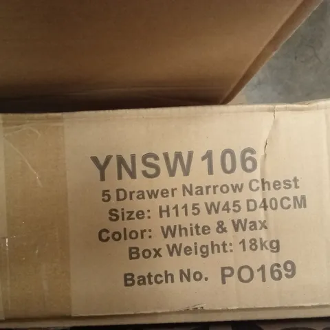 BOXED 5 DRAWER NARROW CHEST - WHITE & WAX (1 BOX)