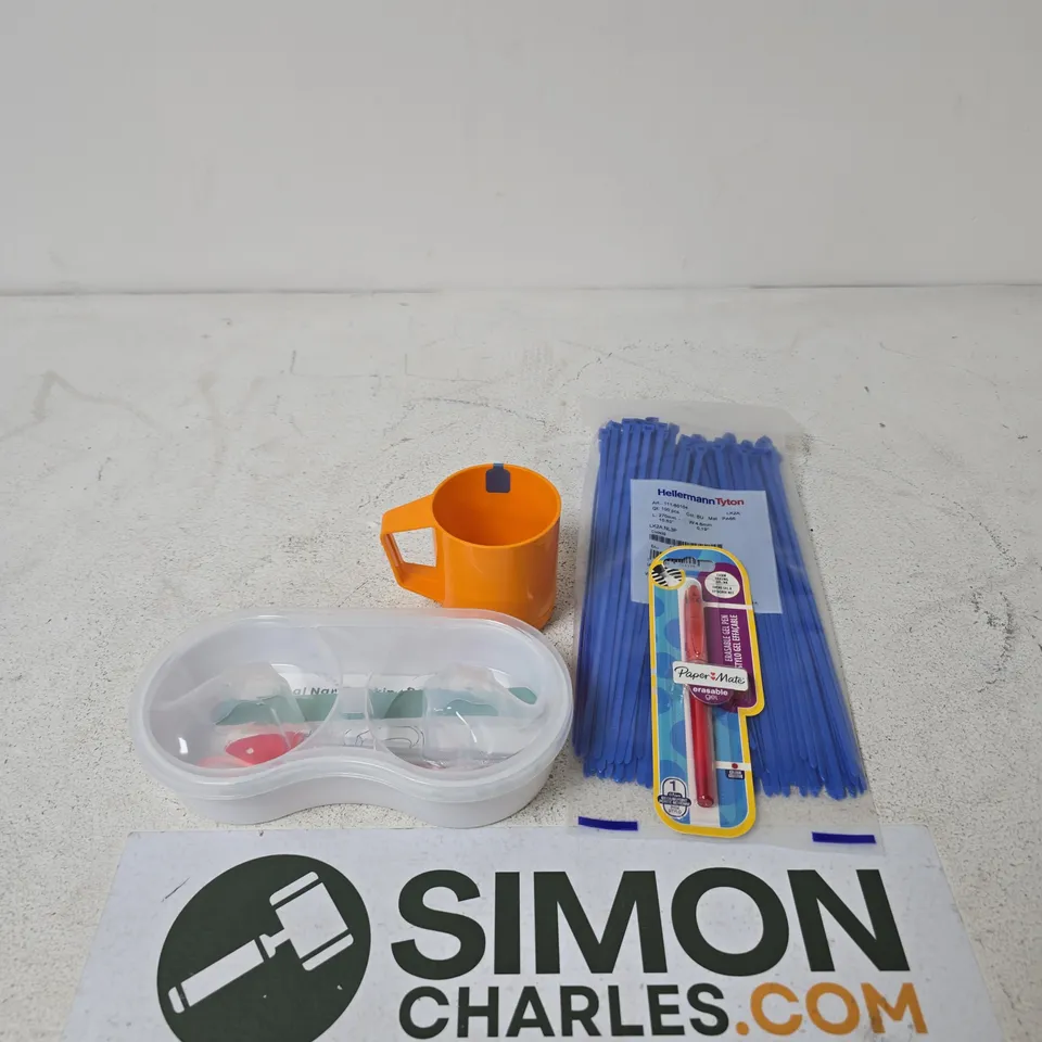 APPROXIMATELY 15 ASSORTED HOUSEHOLD PRODUCTS TO INCLUDE CABLE TIES, DUAL NAIL SOAKER BOWL AND PLASTIC CUPS