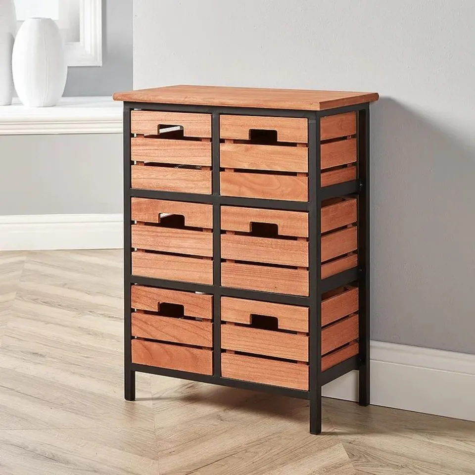 BOXED STCYR 6-DRAWER CHEST OF DRAWERS IN BLACK & RED BROWN (1 BOX)
