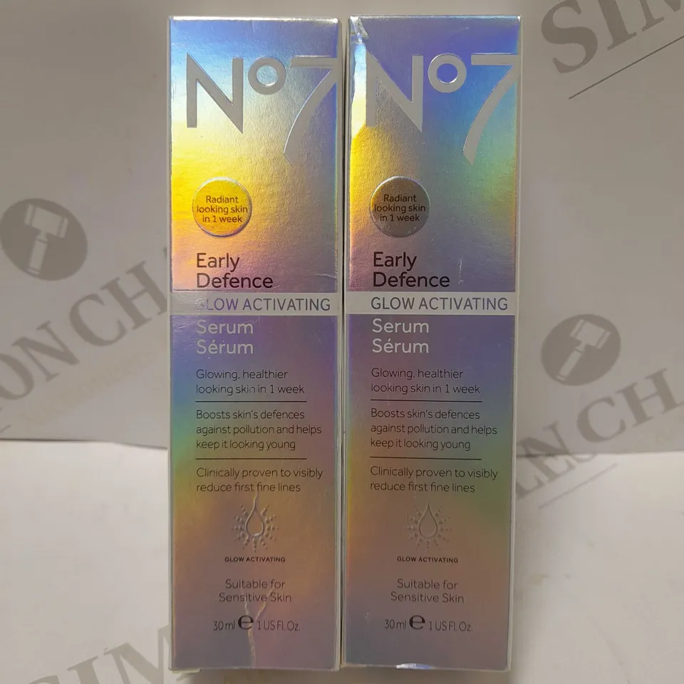 LOT OF 2 X 30ML NO7 EARLY DEFENCE GLOW ACTIVATING SERUM