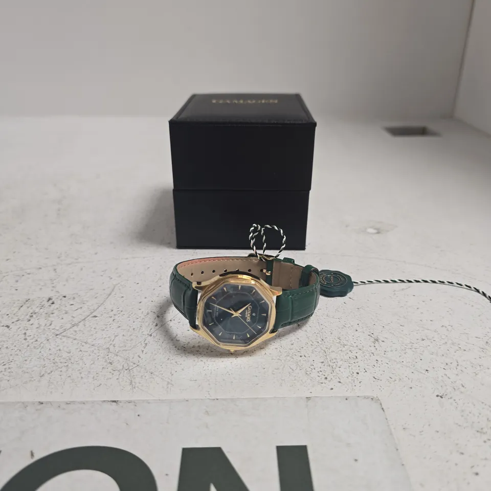 GAMAGES LONDON WRISTWATCH – GOLD-TONE CASE, GREEN GENUINE LEATHER STRAP