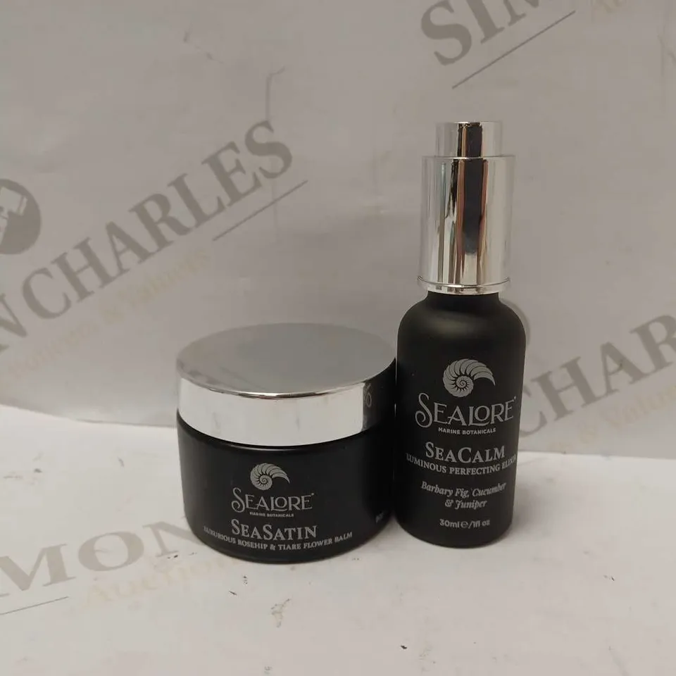 LOT OF 2 SEALORE PRODUCTS TO INCLUDE SEASATIN FLOWER BALM, SEACALM FACIAL ELIXIR
