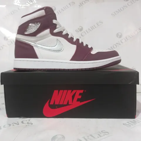BOXED PAIR OF NIKE AIR JORDAN SHOES IN PURPLE/WHITE/METALLIC SILVER UK SIZE 8.5