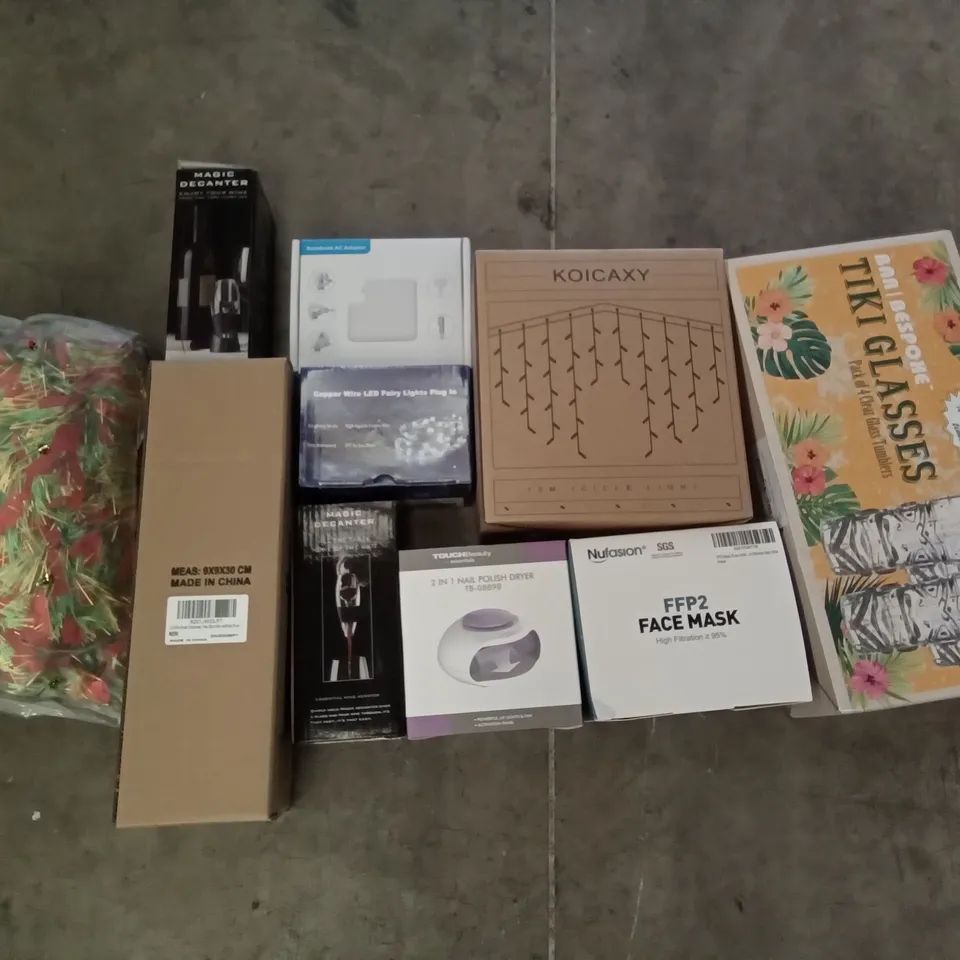 PALLET OF ASSORTED ITEMS INCLUDING KOICAXY 10M ICICLE LIGHTS, TIKI GLASSES, FACE MASK, 2 IN 1 POLISH DRYER, NOTEBOOK AC ADAPTER, MAGIC DECANTER, COPPER WIRE LED FAIRY LIGHTS