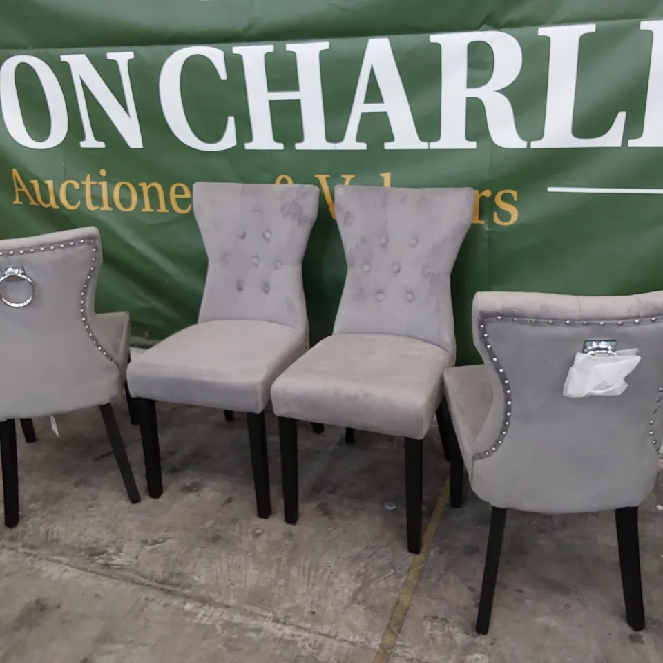 SET OF FOUR UPHOLSTERED BUTTONED & RING BACK DINING CHAIRS GREY PLUSH FABRIC ON BLACK WOOD LEGS